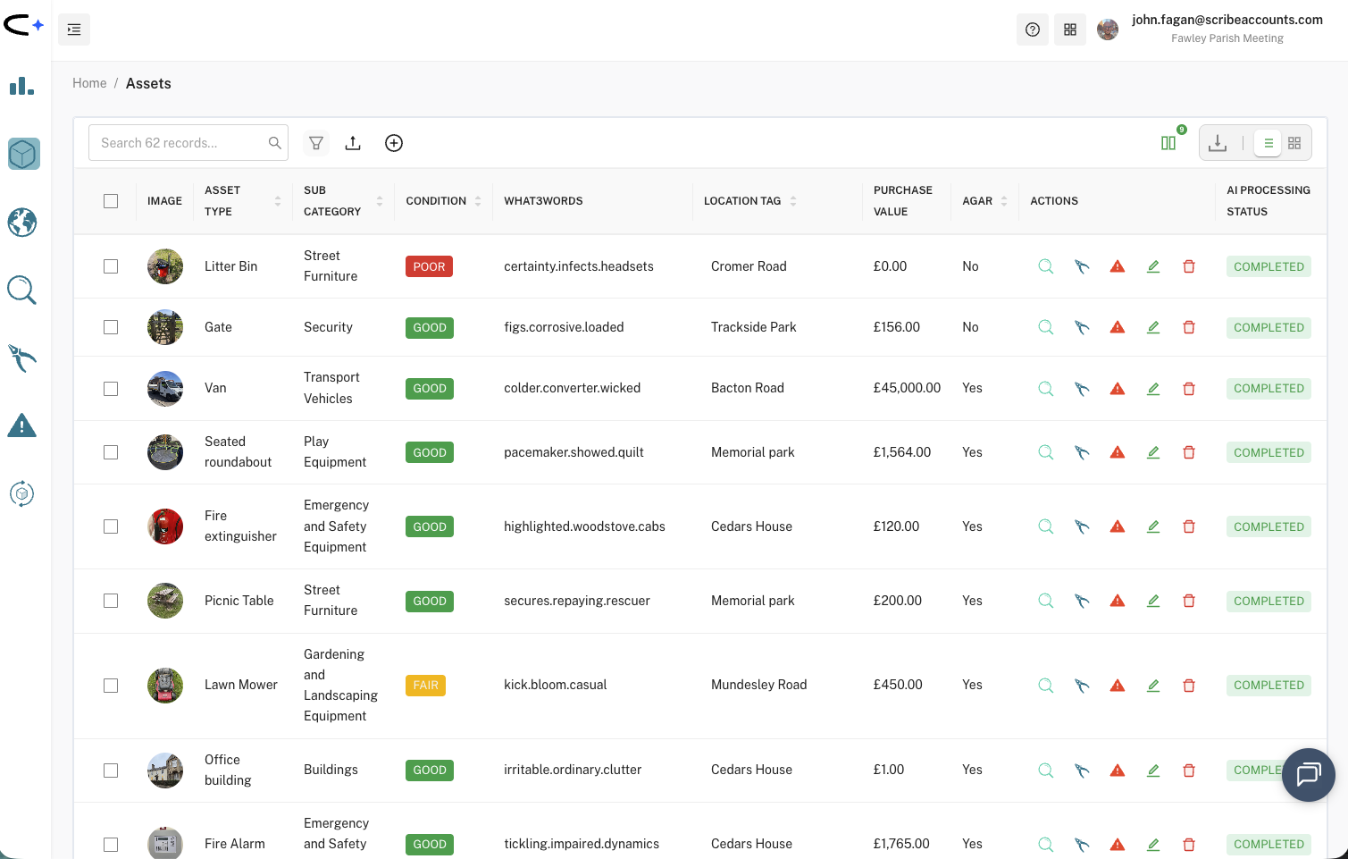 Civic.ly AI-powered asset register showing a table of council assets with photos, types, conditions, and locations