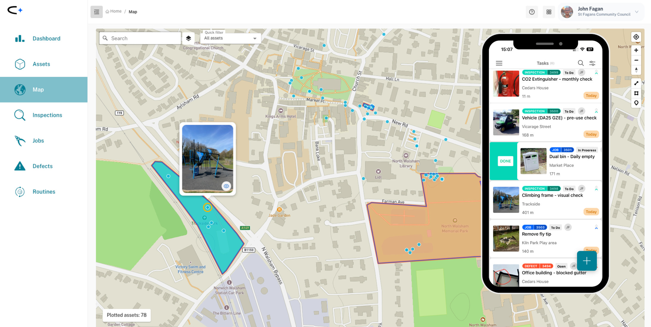The Civic.ly dashboard: an interactive map of a council's assets beside the mobile app task list showing inspections, jobs and defects