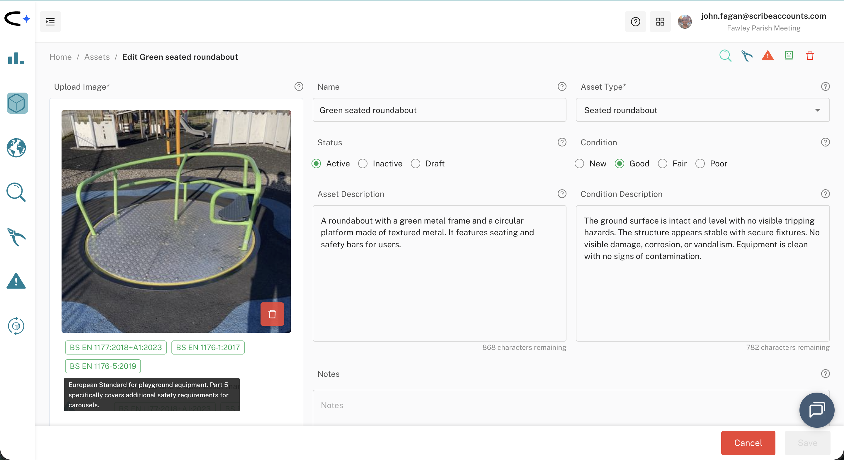 Civic.ly asset editor showing a playground roundabout with linked BS EN safety regulations automatically attached