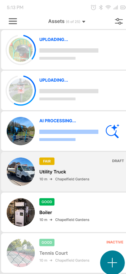 Mobile app showing AI processing and detecting assets automatically