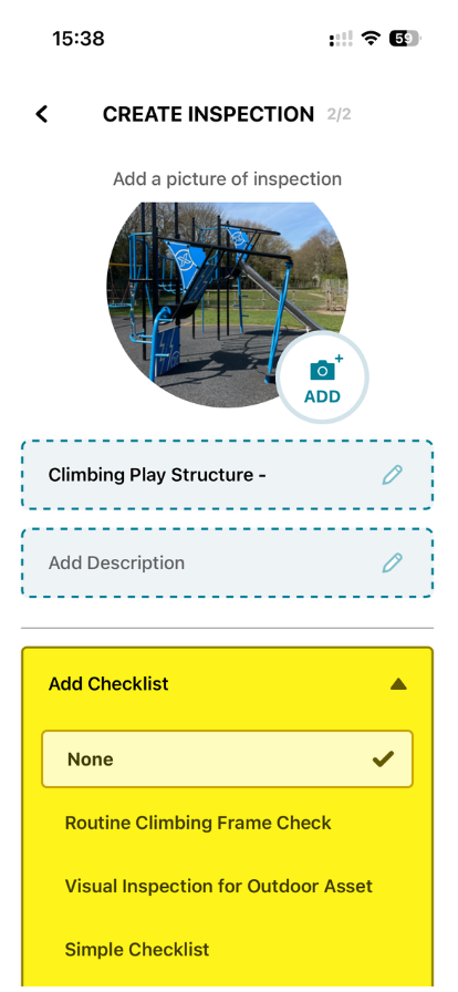 Mobile app create inspection screen with checklist options